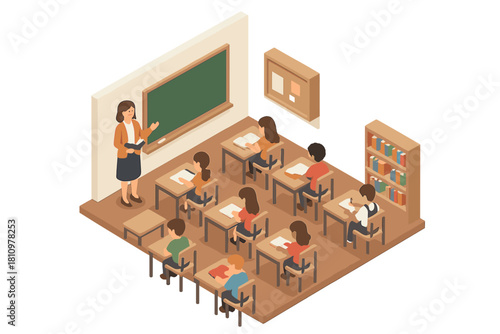 Isometric view of teacher instructing students at desks in modern classroom setting