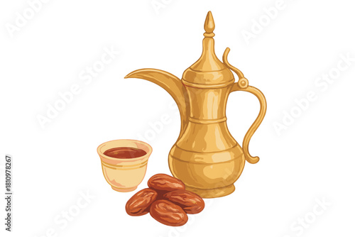 Traditional Arabic coffee pot with dates and small cup