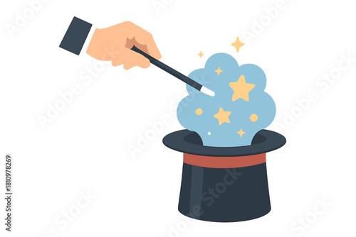 Magician hand performing trick with wand and top hat