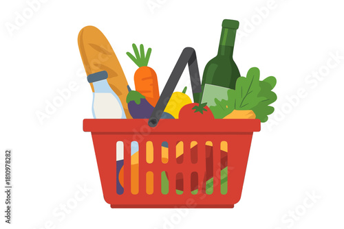 Red shopping basket full of groceries and fresh food items