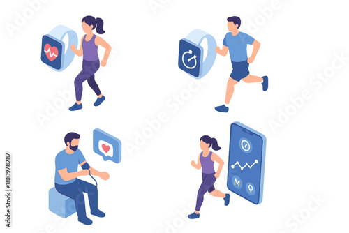 Isometric icons for health monitoring, fitness tracking, and vital signs measurement