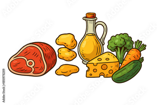 Assortment of raw meat, dairy, vegetables, and cooking oil for healthy eating