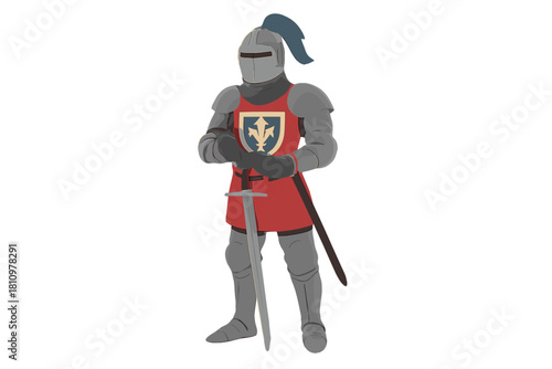 Cartoon medieval knight in full armor holding a sharp sword