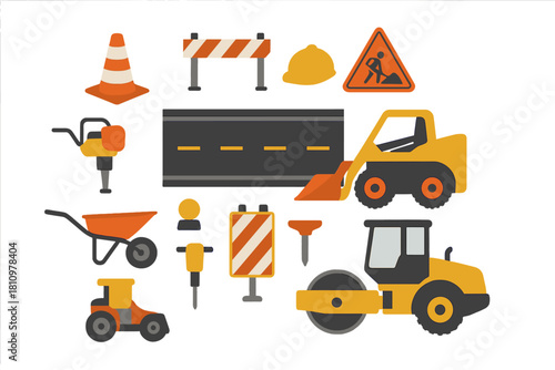Set of heavy machinery and road construction site icons
