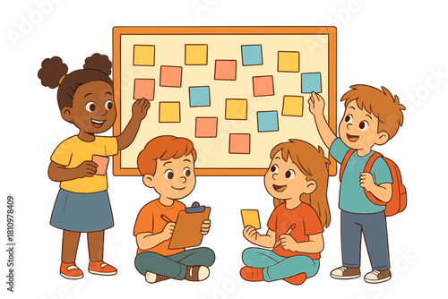 Diverse group of children collaborating on sticky notes at bulletin board