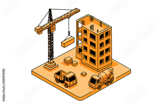 Isometric view of construction site with tower crane and building in progress