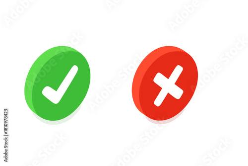 Isometric 3D checkmark and cross icons in green and red circles
