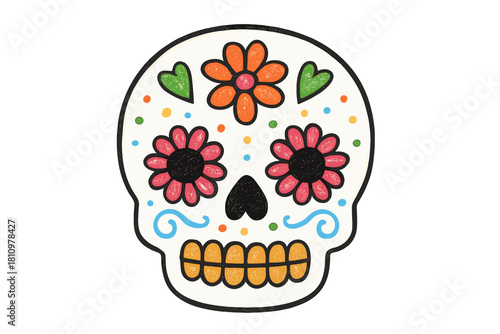 Vibrant decorative sugar skull adorned with flowers and hearts