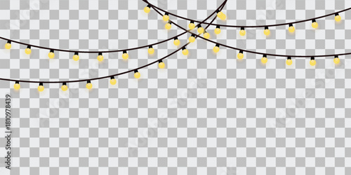 String lights decoration with yellow bulbs isolated on transparent background