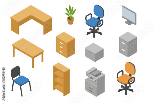 Isometric collection of modern furniture and equipment symbols