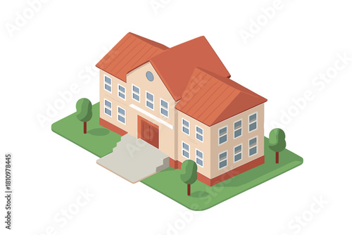 Isometric view of traditional public building with pitched roof and surrounding trees