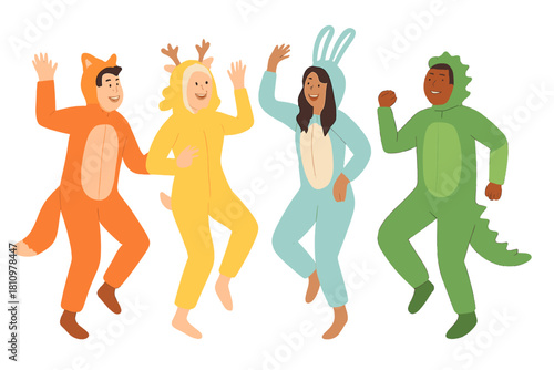 Diverse young friends dancing together wearing colorful animal onesie pajamas