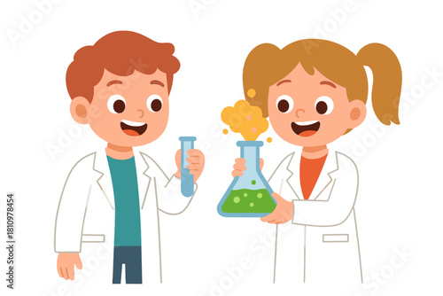 Happy children conducting chemistry experiment with bubbling flask and test tube