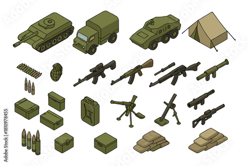 Isometric military equipment and weapon set featuring vehicles and supplies