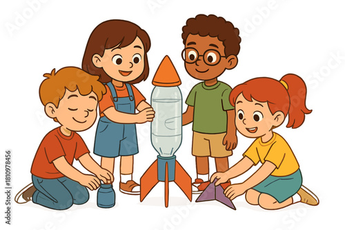 Diverse group of children assembling a homemade water bottle rocket experiment