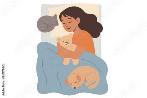 Child sleeping soundly with teddy bear and companion pets