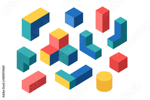 Isometric colorful geometric shapes and building blocks collection