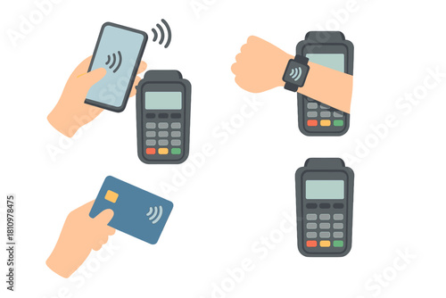 Mobile phone smartwatch and credit card contactless payment methods demonstration