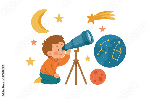 Curious young boy observing celestial bodies through a telescope at night