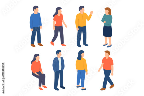 Isometric diverse group of people standing and sitting in casual attire