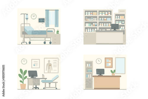 Various medical and healthcare facility interior scenes for professional use