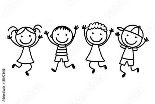 Happy stick figure children jumping together in a cheerful row