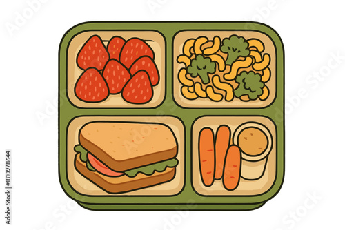 Healthy compartmentalized lunch box with sandwich, pasta, fruit, and vegetables