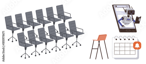 Rows of office chairs, standing desk with stool, smartphone screen featuring robotic assistant and calendar alert. Ideal for automation, office productivity, scheduling, planning, organization