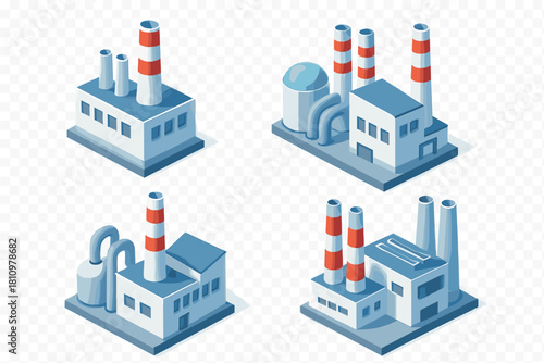 Isometric factory building icons set with smokestacks and pipes