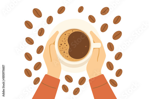 Hands gently holding a hot coffee cup with floating beans overhead
