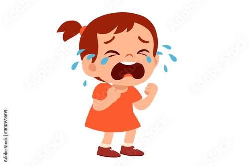 Upset young girl with brown hair having an emotional outburst and shedding tears