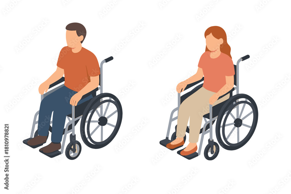 Fototapeta premium Isometric male and female figures sitting in wheelchairs