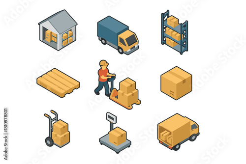 Isometric icons for logistics warehouse shipping and cargo operations