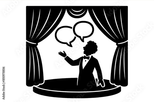 Man speaking on stage with theatrical curtains and speech bubbles