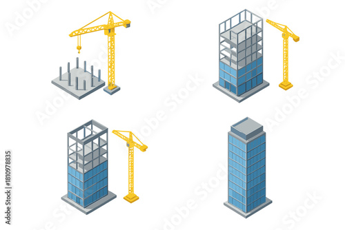 Isometric view of building construction stages with tower crane