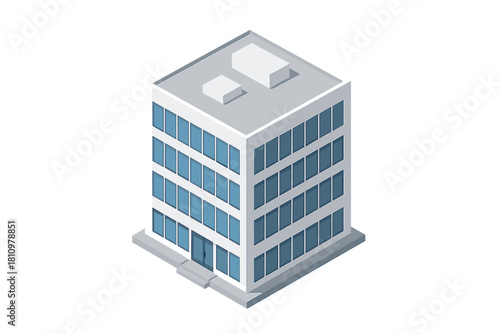 Isometric modern corporate building facade with blue glass panels