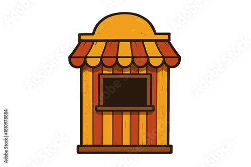Striped ticket booth with scalloped awning and window for events