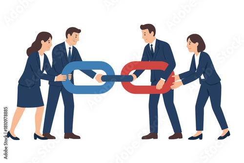 Business team connecting large chain links for partnership and synergy