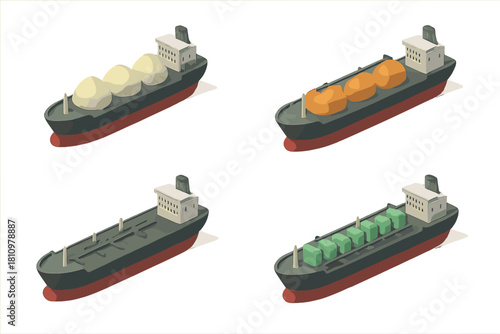 Isometric cargo ships showing bulk and container transport methods