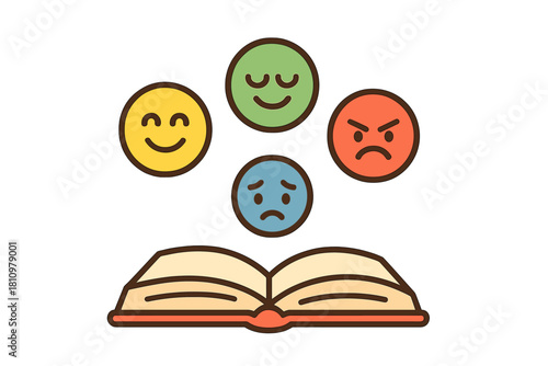 Open book with floating emotional feedback emoticons for review concepts