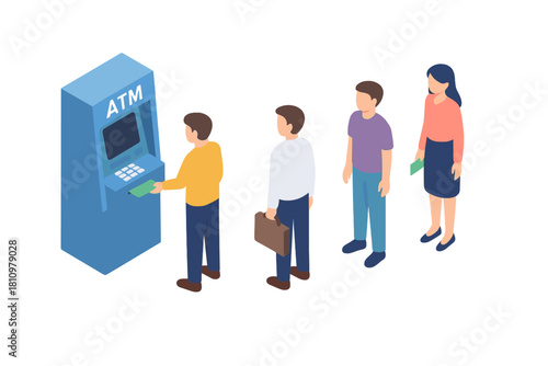 Isometric people queuing for cash withdrawal at blue automated teller machine