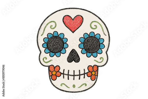 Vibrant sugar skull design featuring heart and floral embellishments