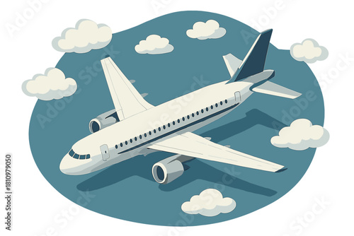 Commercial passenger airplane flying above stylized blue clouds and sky