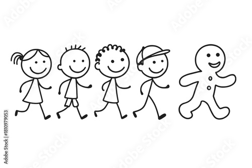 Diverse group of stick figures and gingerbread man running together