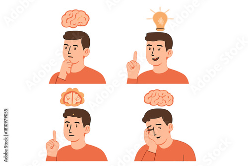 Four stages of human thinking process with brain and idea icons
