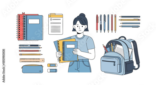 A cheerful student holds notebooks surrounded by essential school supplies and a backpack ready for learning