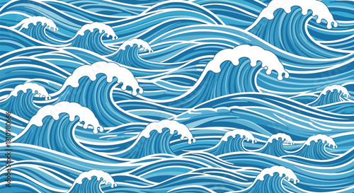 Stylized ocean waves pattern with blue and white colors creating a dynamic scene