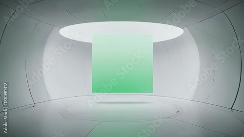 A green rectangle floats in a white, futuristic, circular room with a light source above.