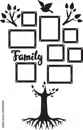 Black Family Tree Photo Frame Template Vector for Wall Decal or Scrapbook Design