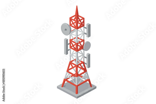 Red and white cellular transmission tower structure with parabolic and rectangular antennas